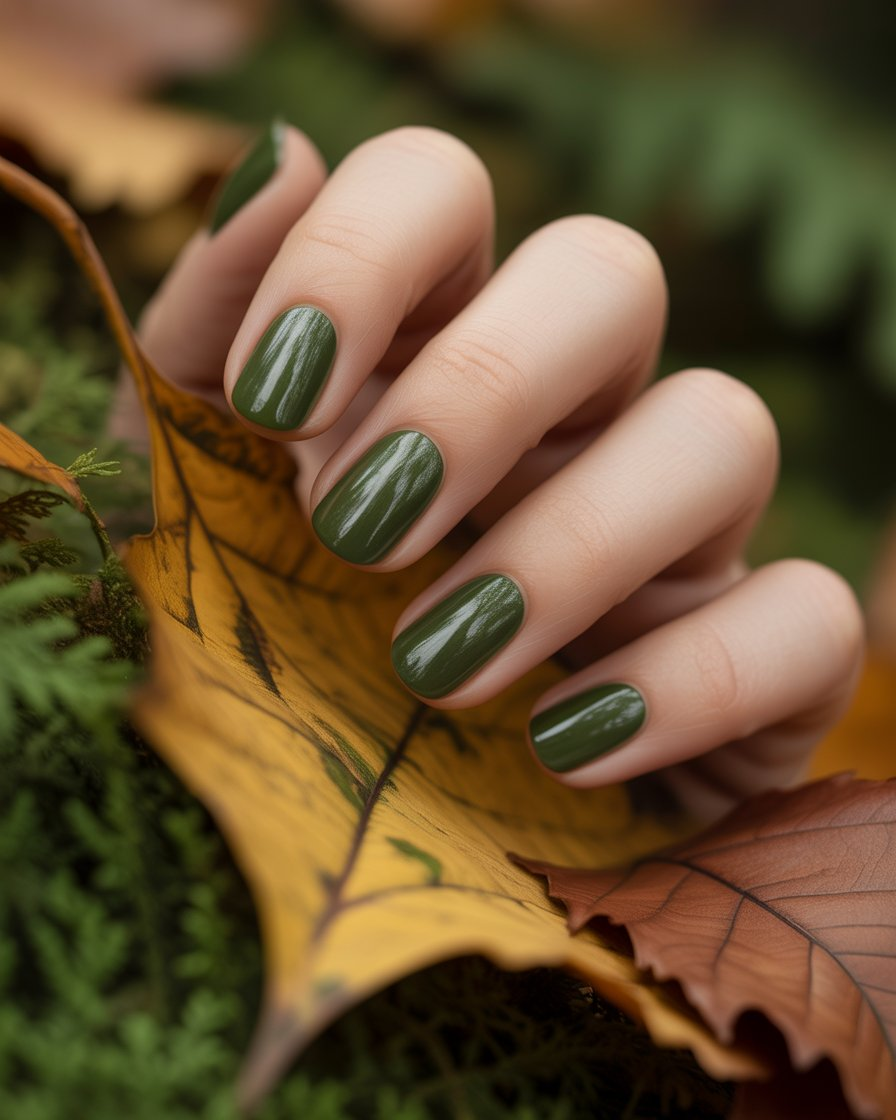 Deep forest green nails that whisper the beauty of autumn’s natural richness.