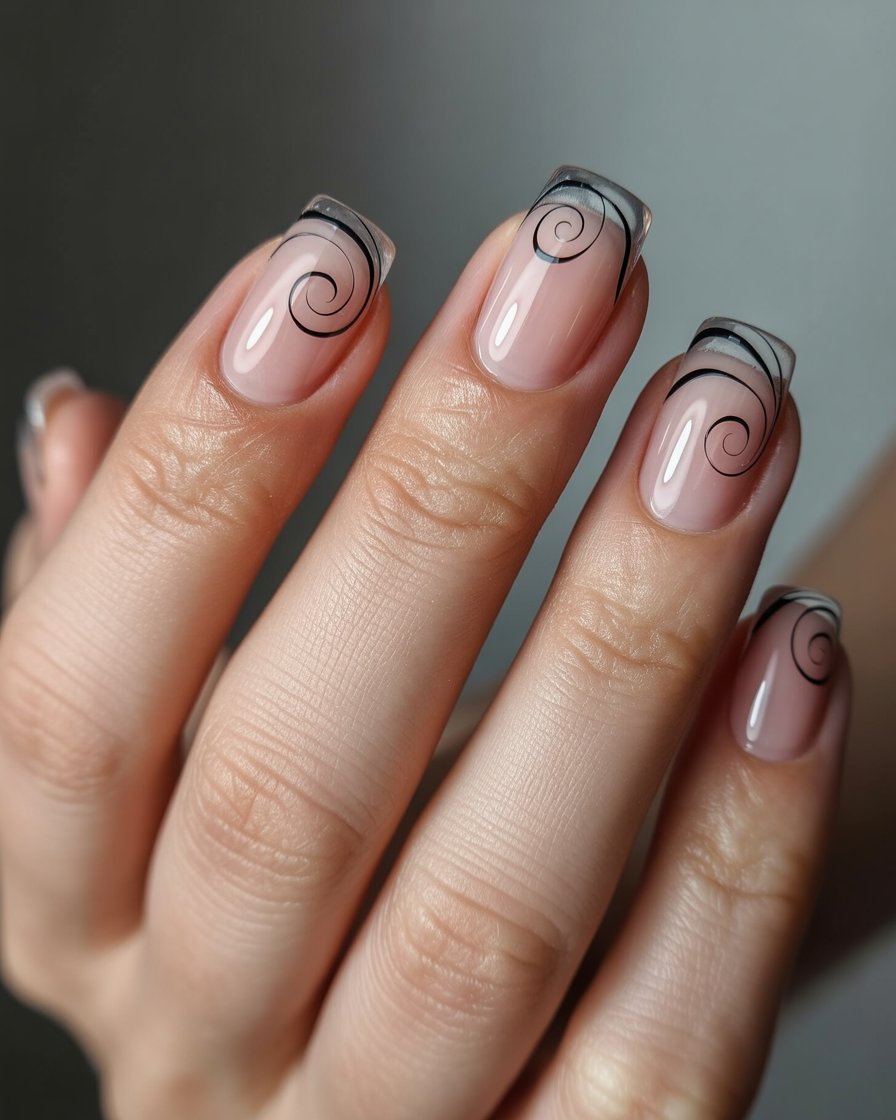 Minimal black swirl nail art on clear glossy nails, creating a subtle and elegant design suitable for everyday wear.