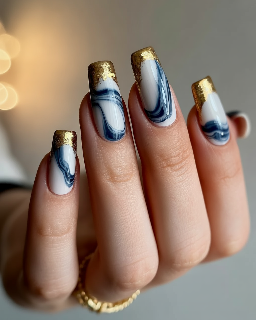  Swirled marble nails in navy with gold foil at the tips