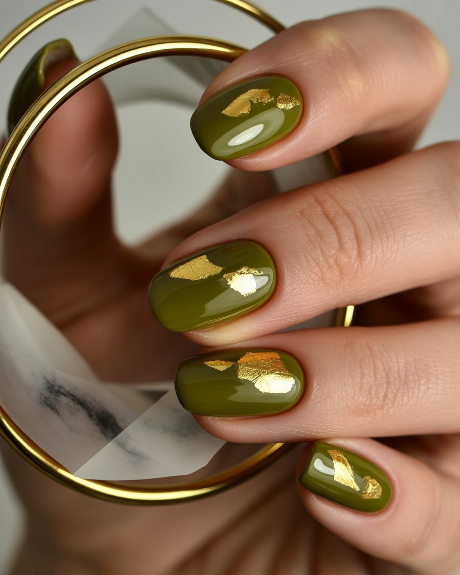 Glossy olive nails with irregular gold foil flakes shimmering in the light.