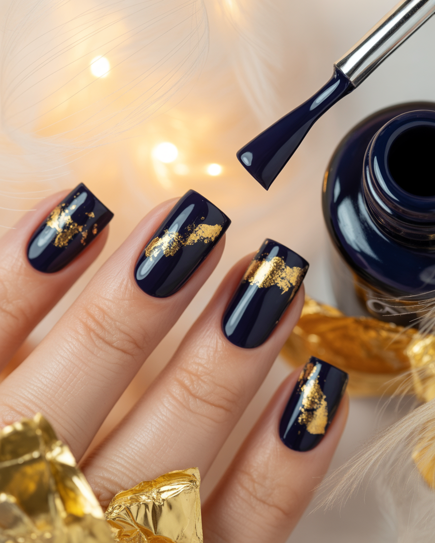 Navy Black and Gold Leaf Nail Art 