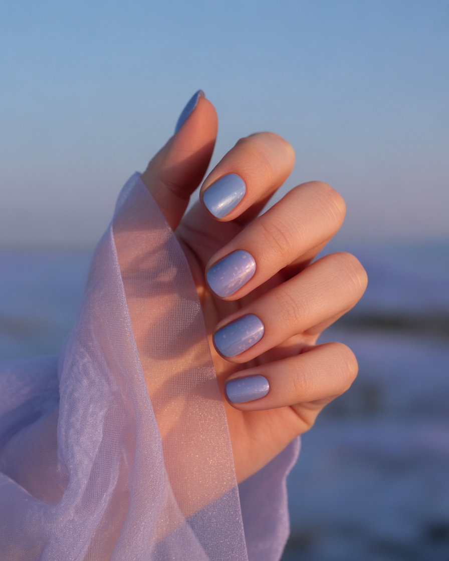 Shimmering periwinkle nails that perfectly capture the essence of summer transitioning into fall.