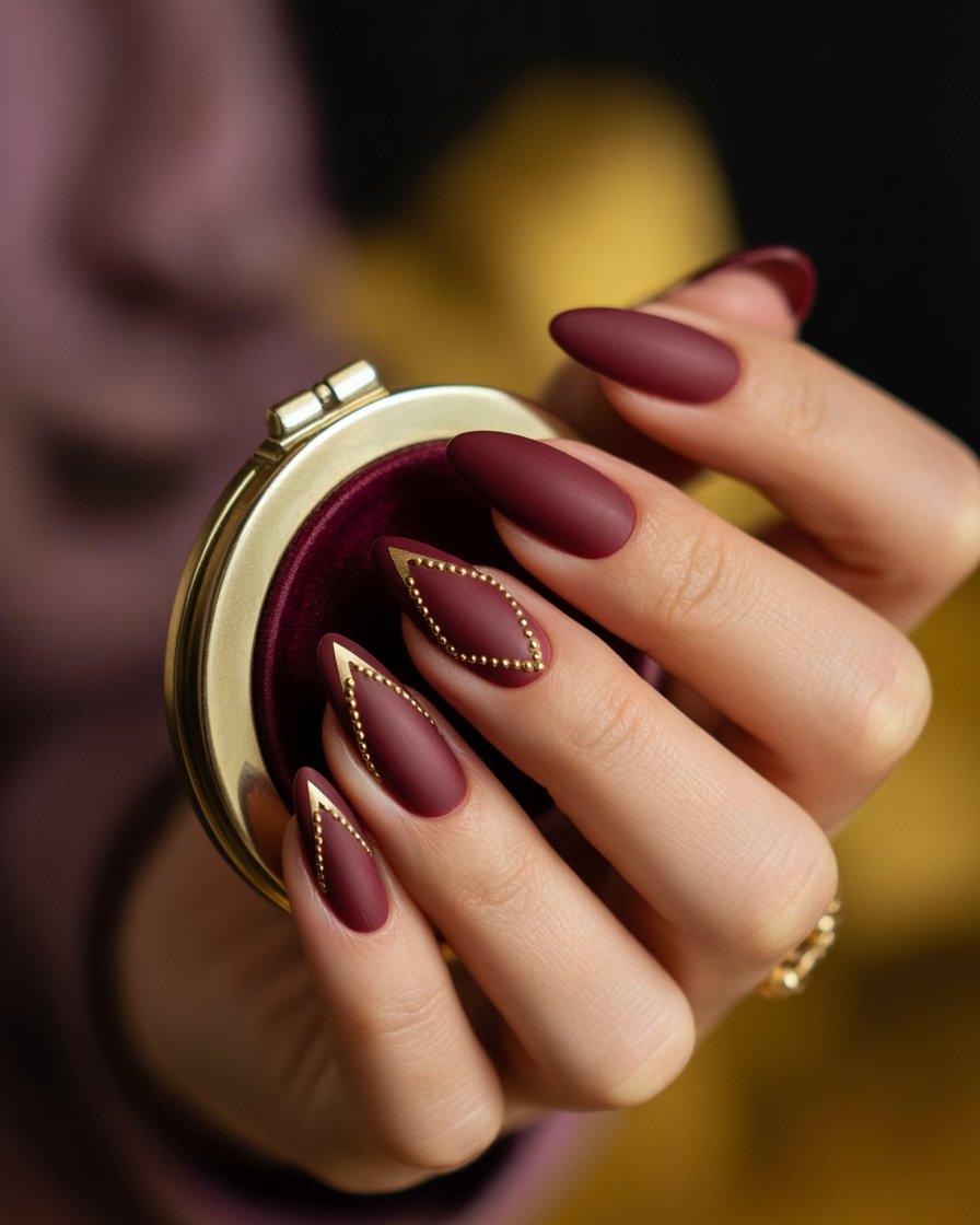 Matte burgundy nails with gold-lined chevrons at the base.