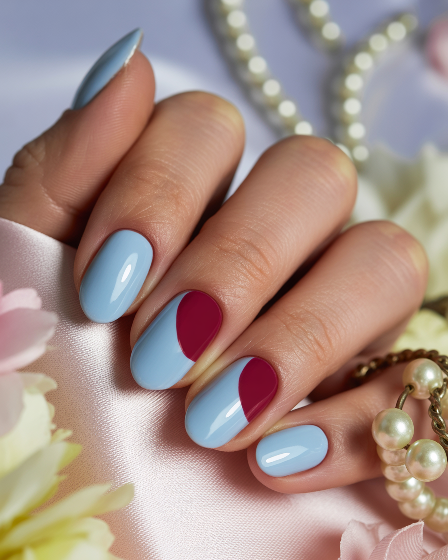 Nails with half-moon burgundy cuticles on pastel blue background.