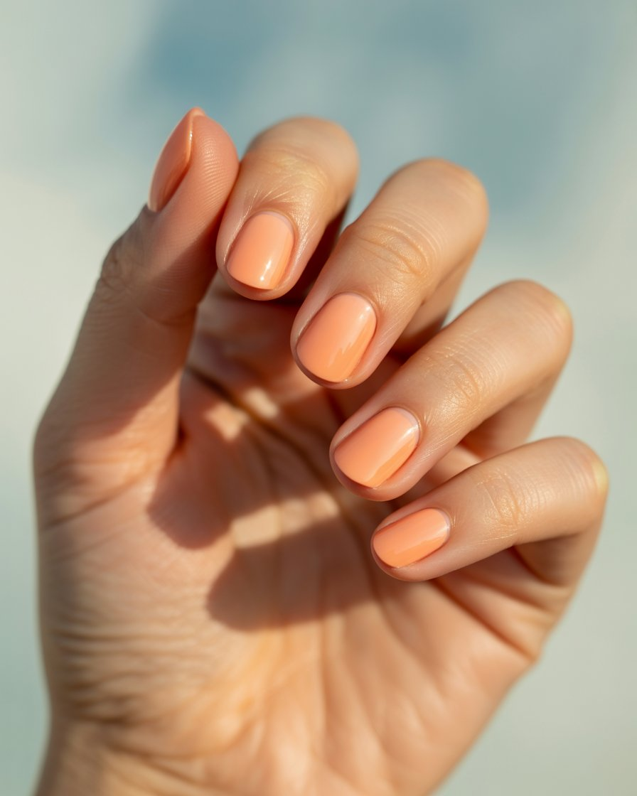 Soft peach nails with a glow that’s perfect for transitioning from the warmth of summer to the coolness of fall.