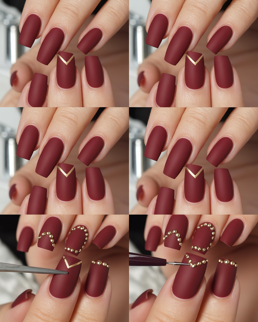  Matte burgundy nails with gold-studded chevron tips and sleek angles.