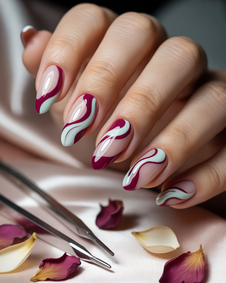 : Nails with abstract swirls in burgundy and pastel mint on a translucent base.