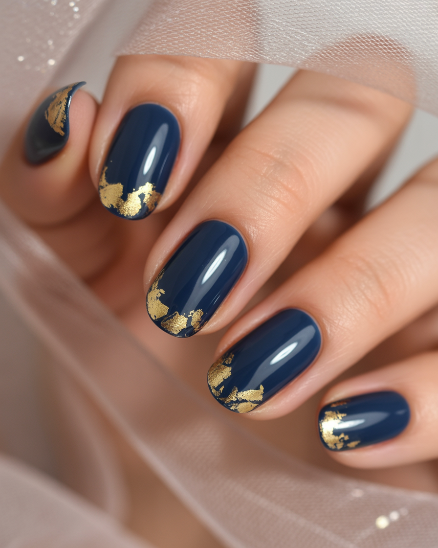 Glossy navy nails with gold leaf fading from the cuticle