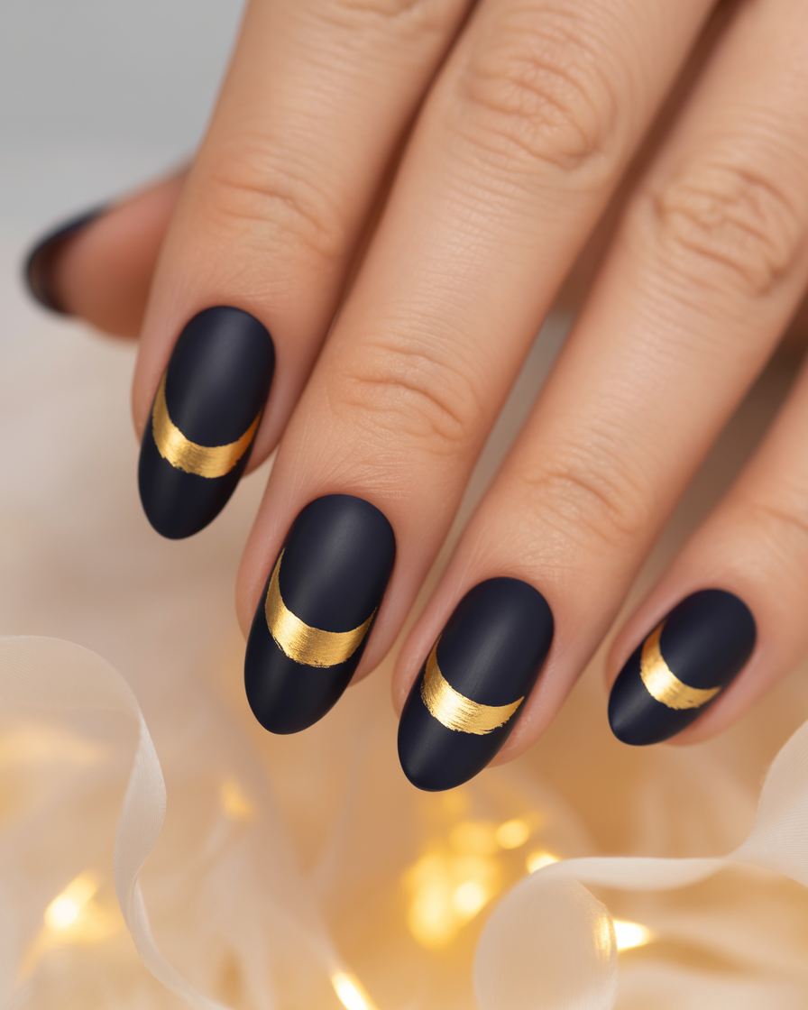  Elegant half-moon nail art with matte navy and gold leaf at the cuticle