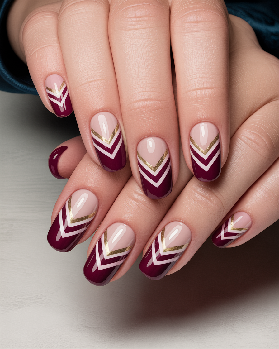 Elegant burgundy ombre nails with white chevron design blending into nude tips.