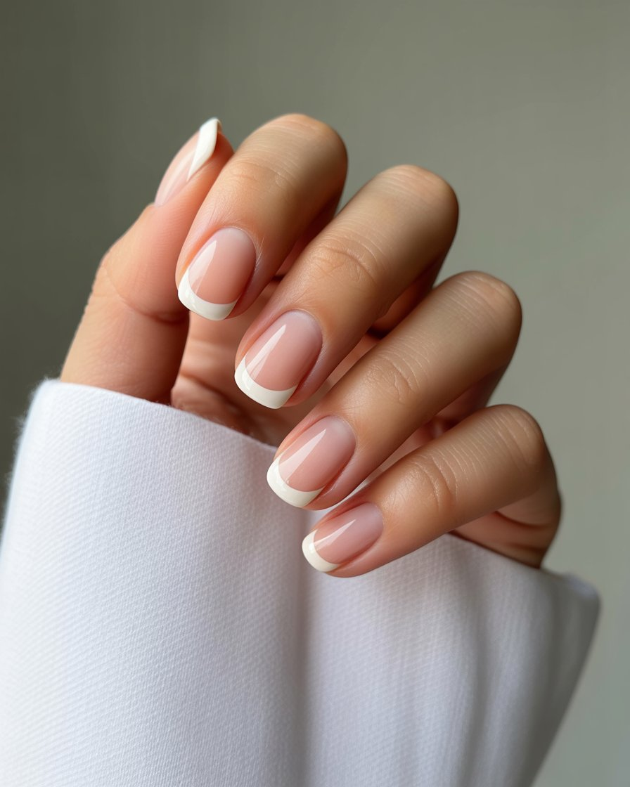 A classic French manicure with soft nude tips, offering a chic and sophisticated look for all seasons.