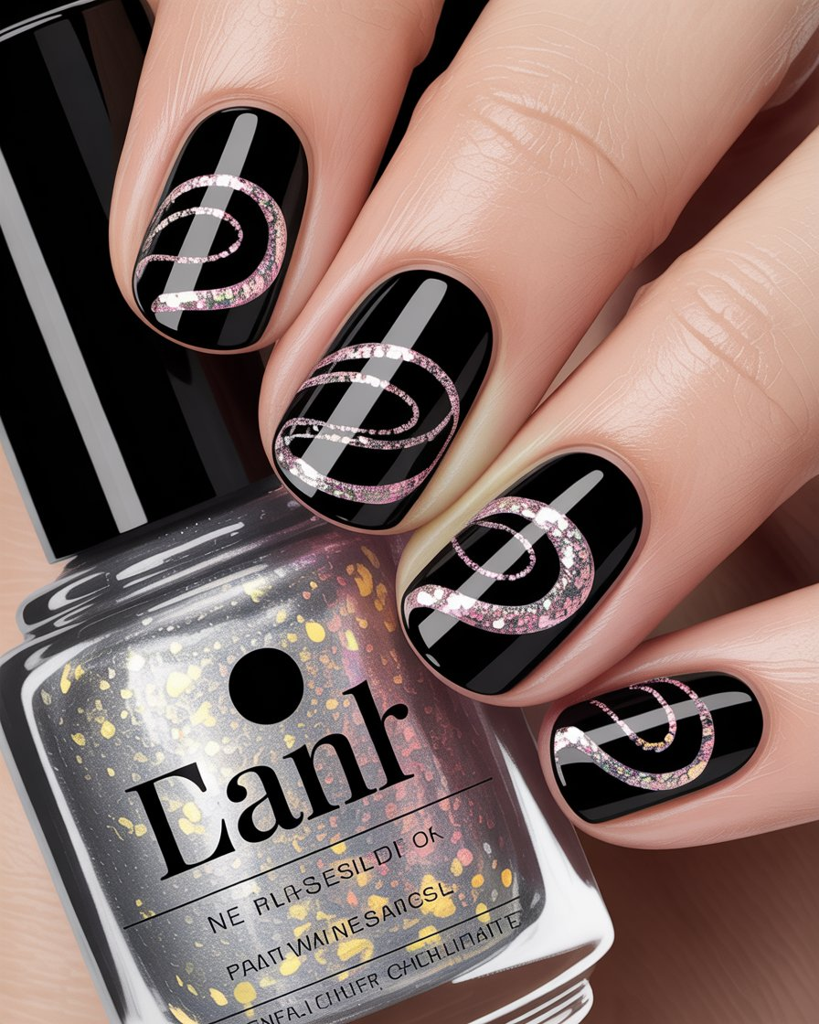 Glossy black nails with sparkling glitter swirl designs, creating a glamorous and party-ready manicure.