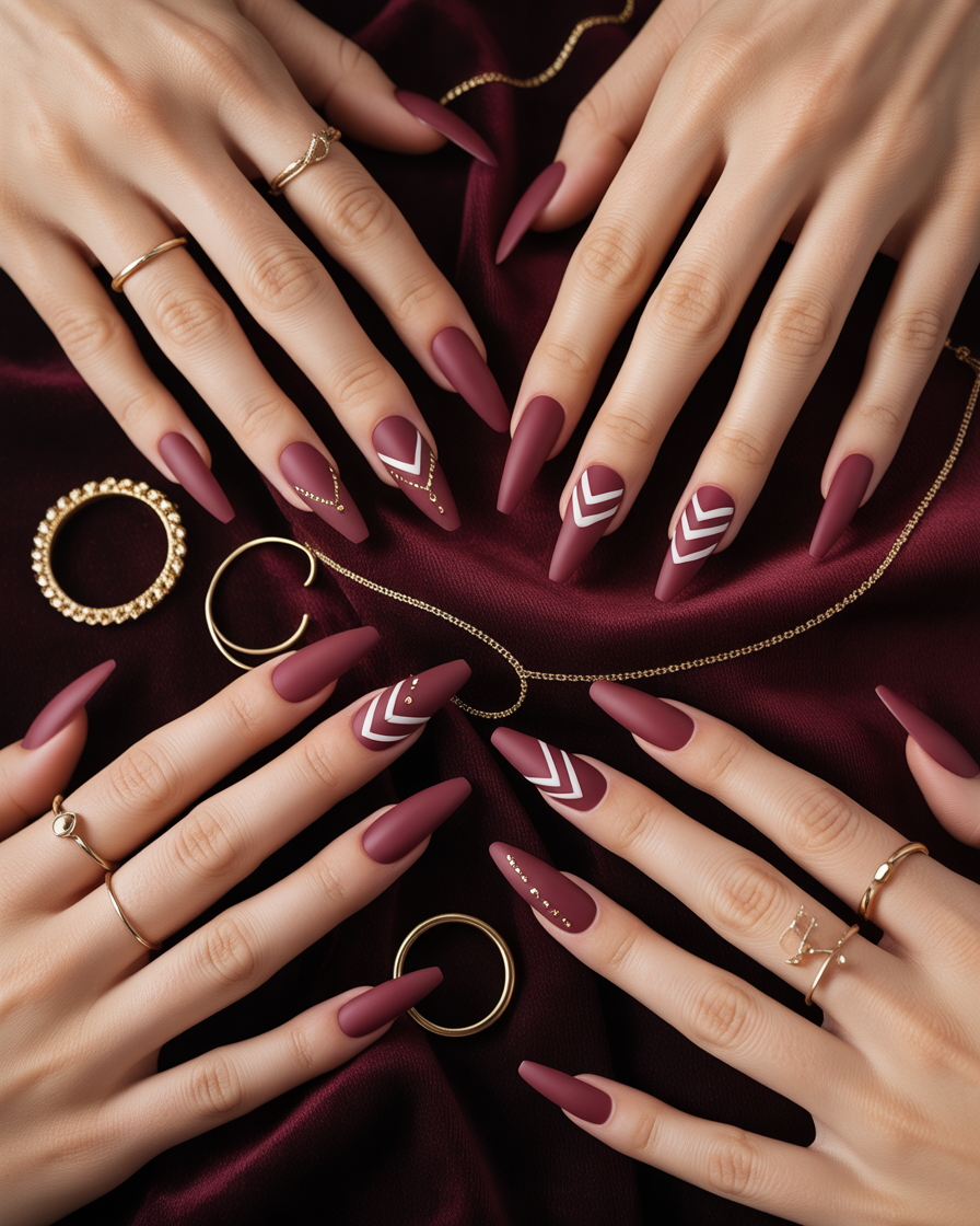 Burgundy and Gold Studs Nail Designs