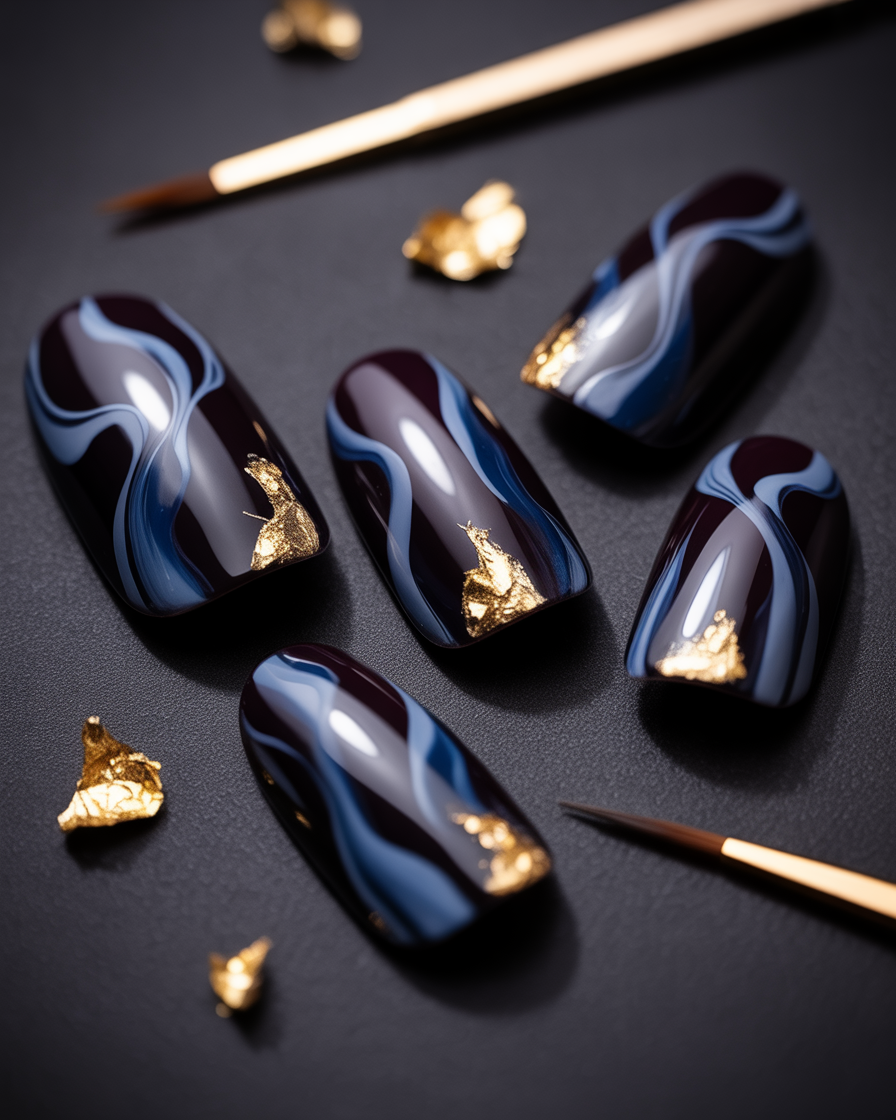 Black nails with navy swirls and gold foil at the center