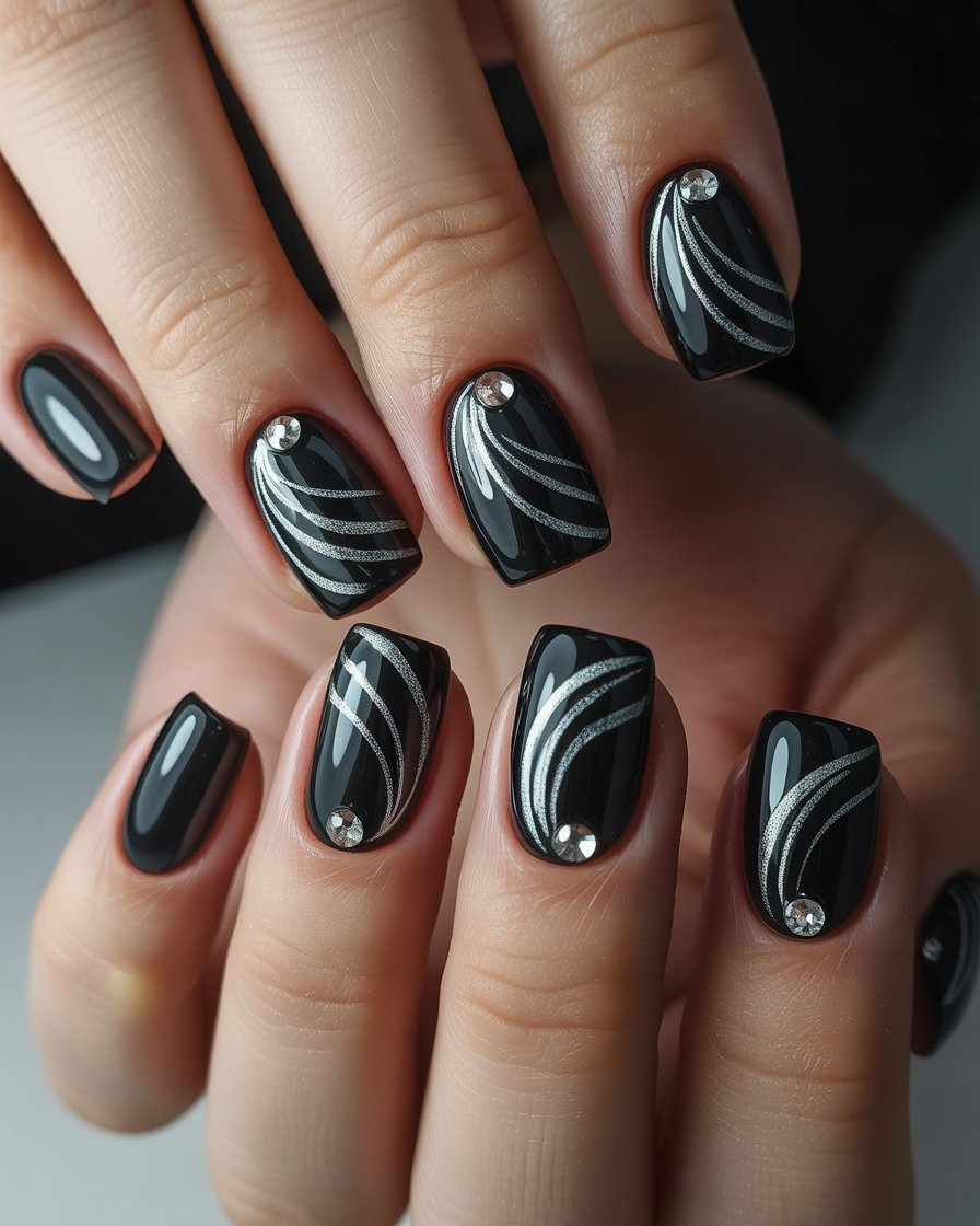 Black swirl nail art with sparkling rhinestones placed at intersections, creating a glamorous and eye-catching manicure.
