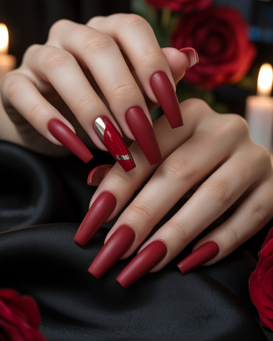 Matte cherry red nails with a velvety, smooth finish in a coffin nail shape.