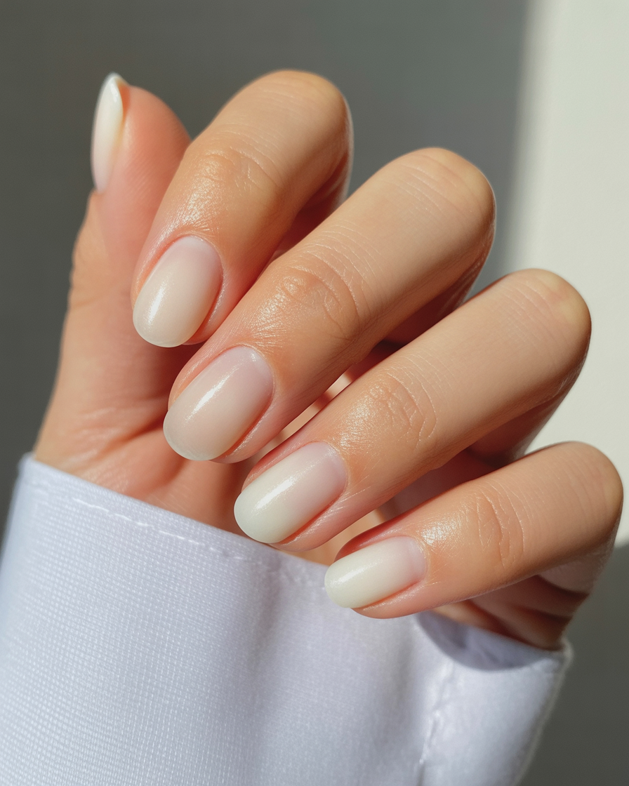 Soft milky white nails for a fresh, minimalist look that transitions from summer to fall.