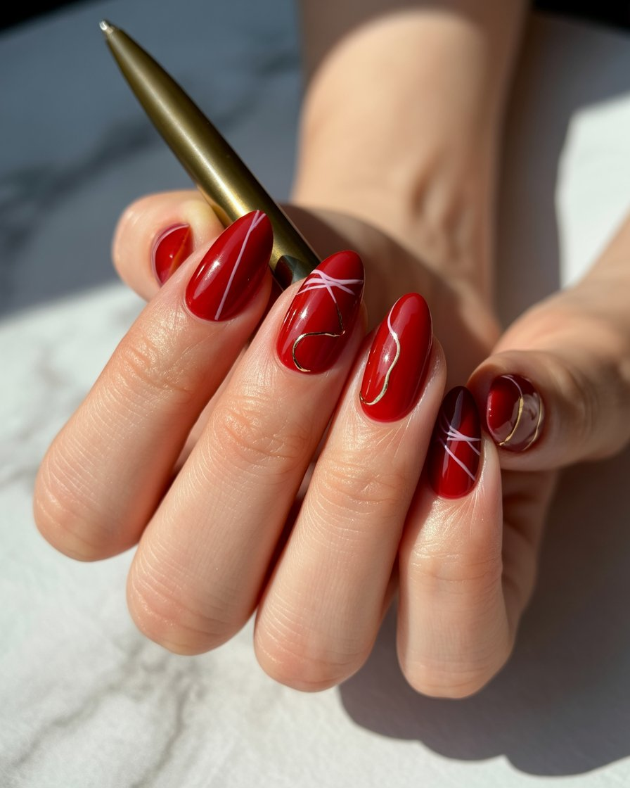Cherry red nails with minimalist white line art for a modern and chic look.