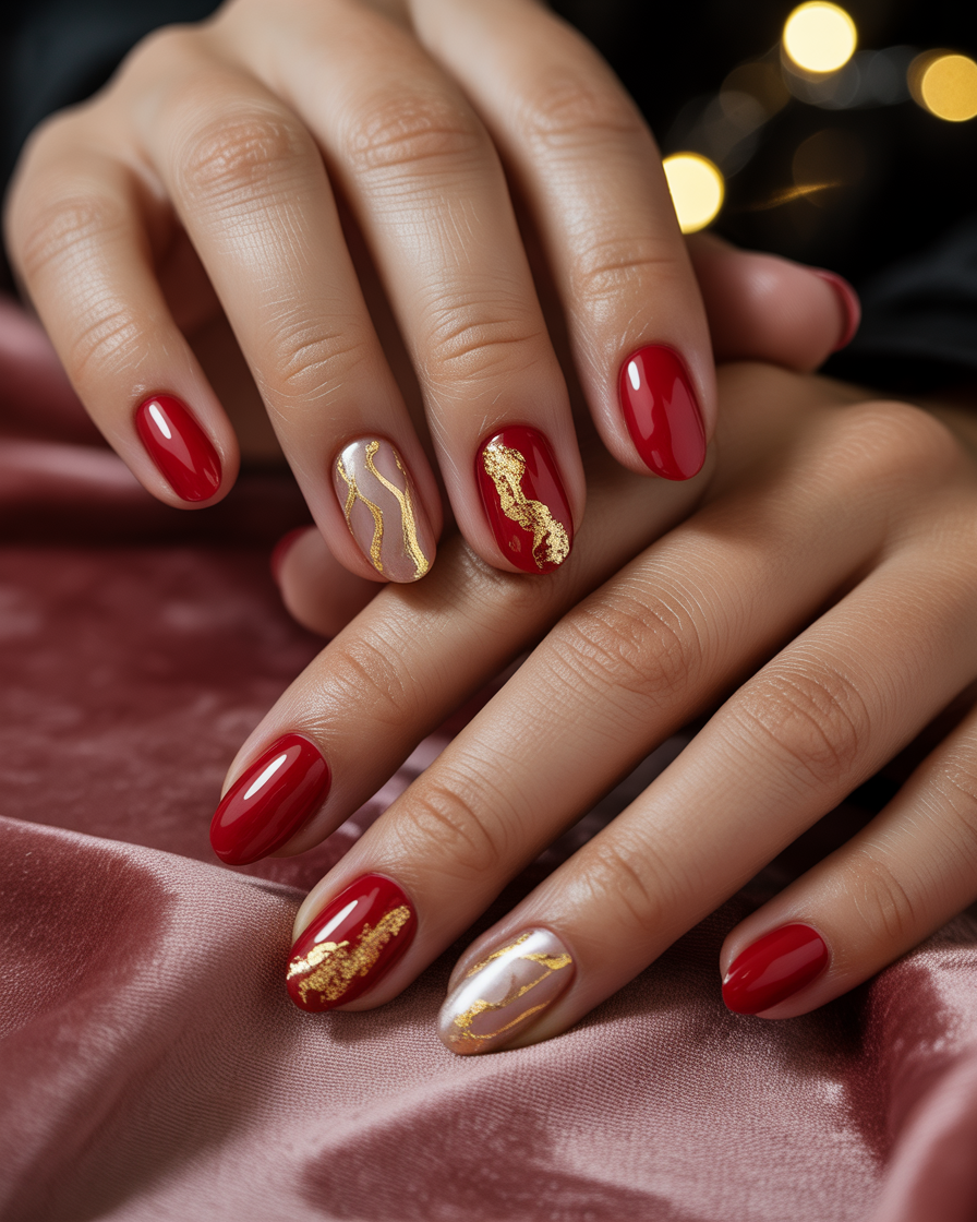 Cherry red nails with gold foil accents in an abstract pattern for a luxurious look.