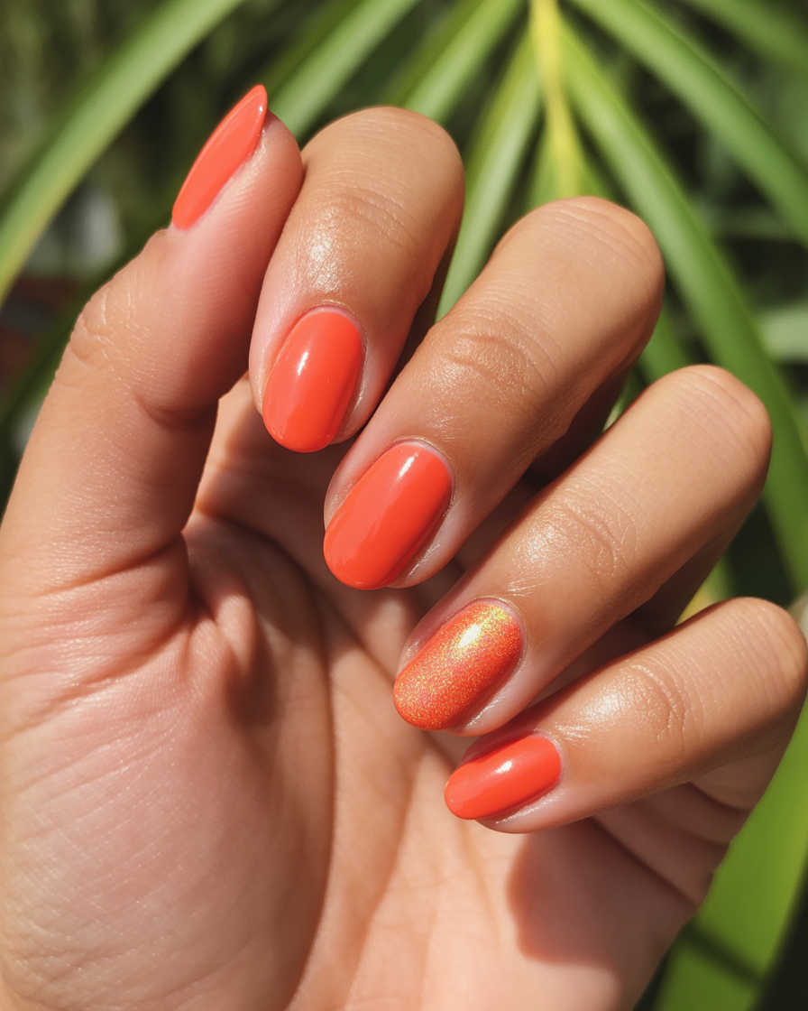 Bold and vibrant coral nails with a tropical feel, perfect for transitioning into fall.