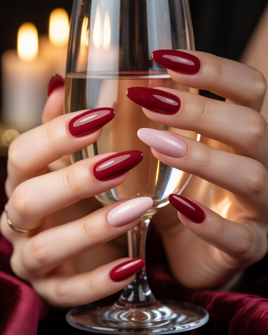Cherry red ombre nails blending into burgundy for a bold gradient effect.