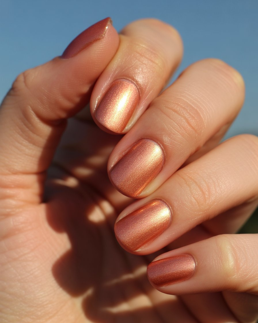 Glossy rose gold chrome nails shimmering like a warm, late summer sunset.