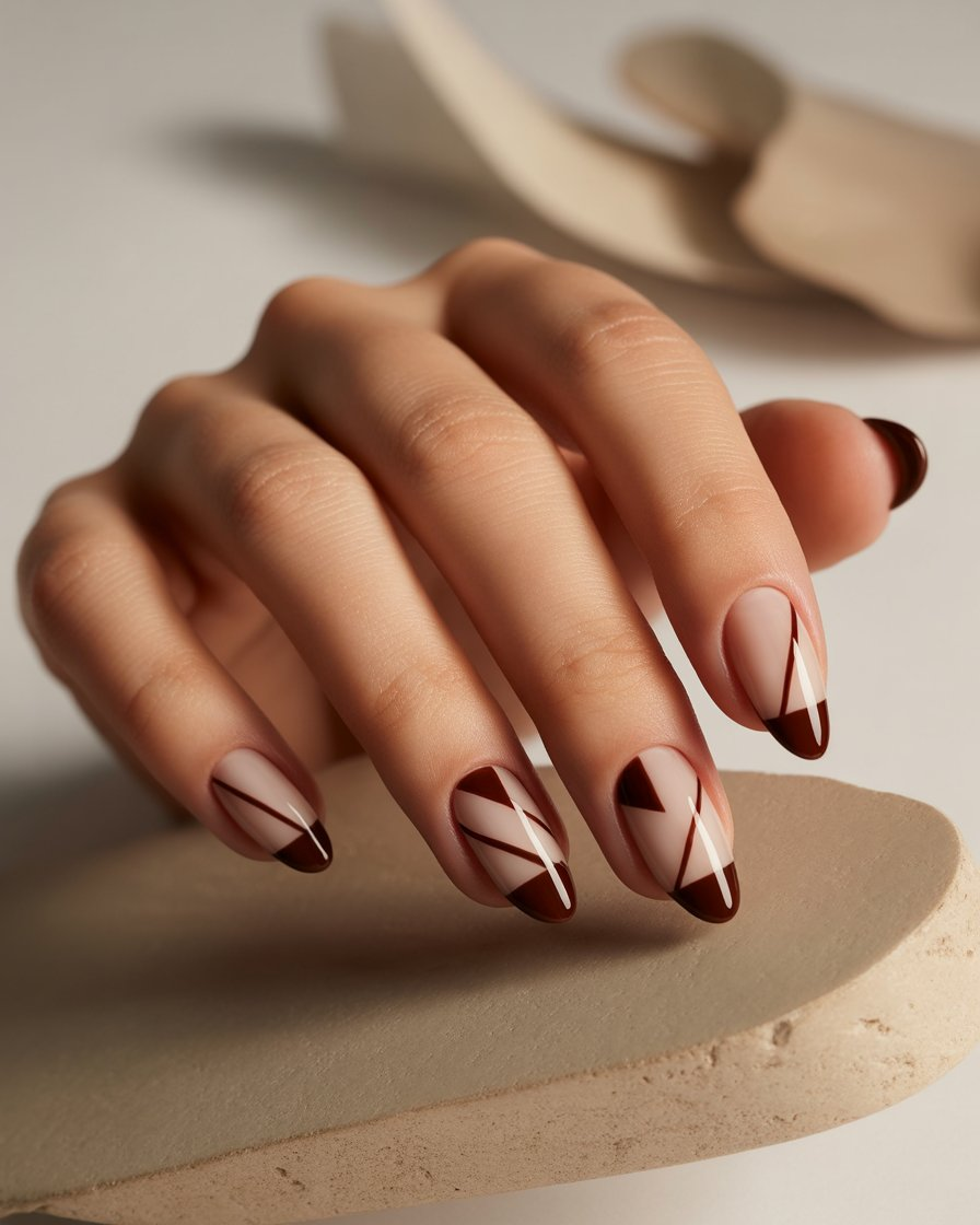 Geometric nail art in nude and dark brown.