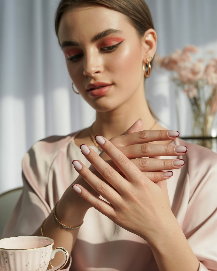 Minimal nails with soft pastel base and clean burgundy French tips.