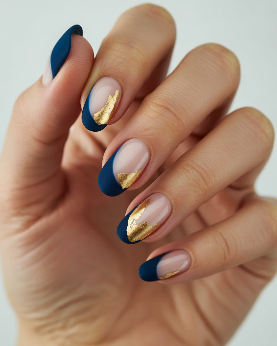  Clear space on nails with navy and gold accents