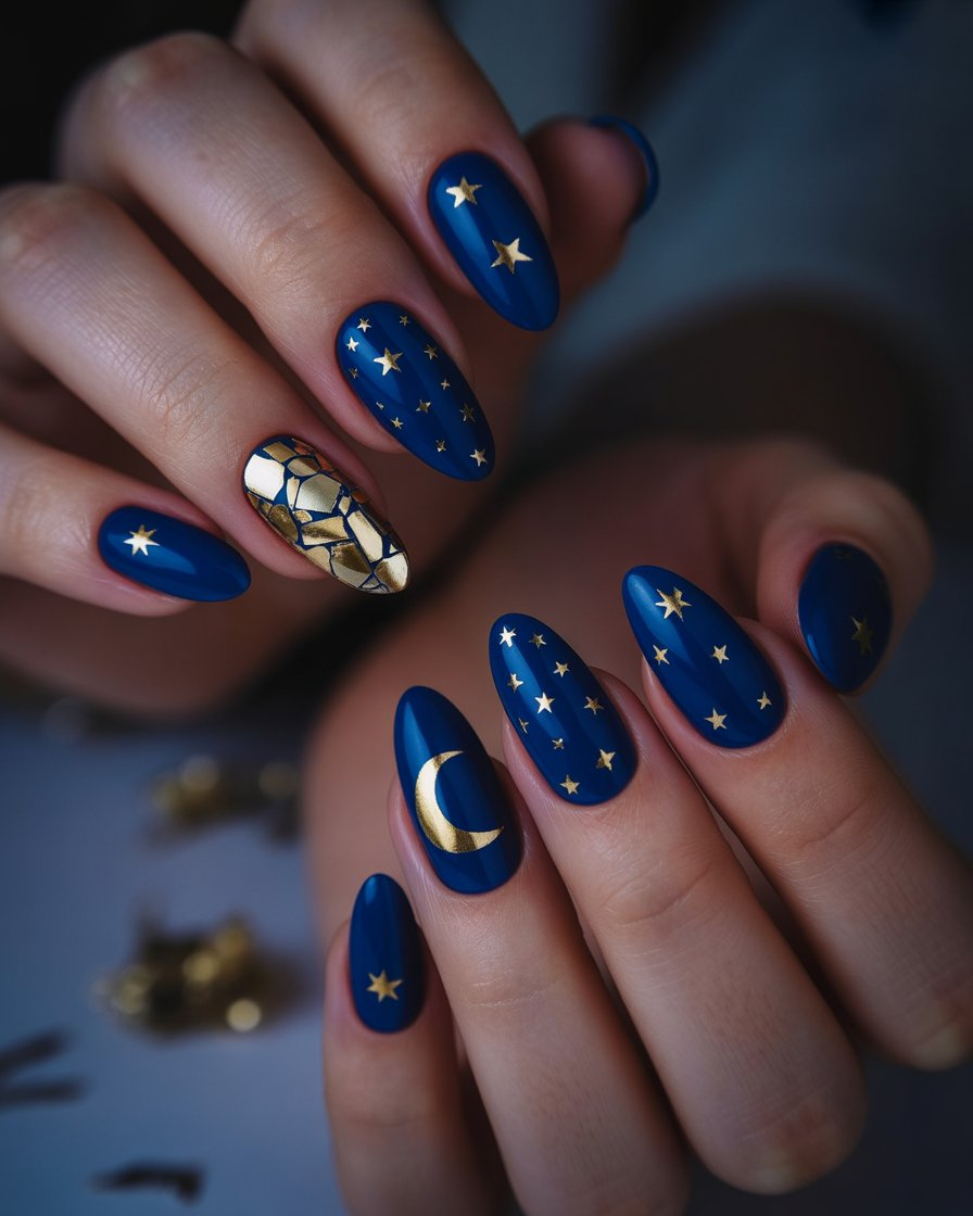 Starry navy nails with gold foil and celestial accents
