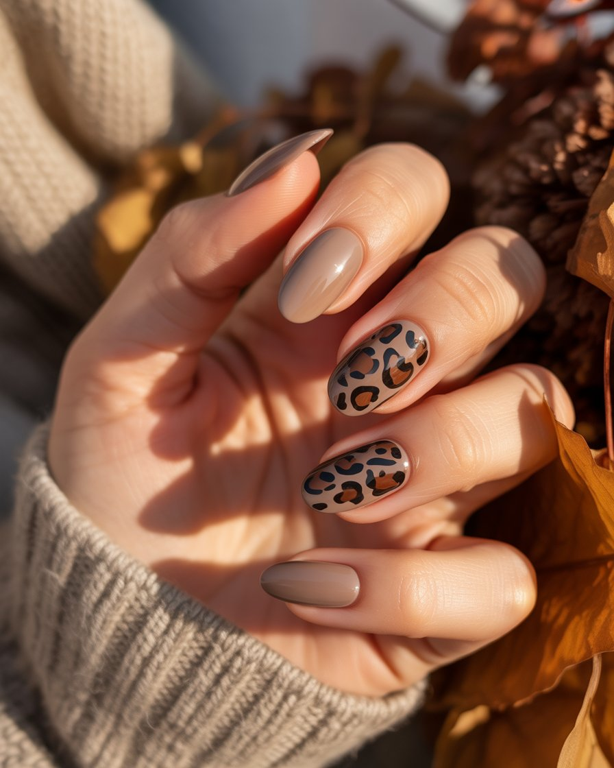 Leopard print accent nails paired with brown solids.