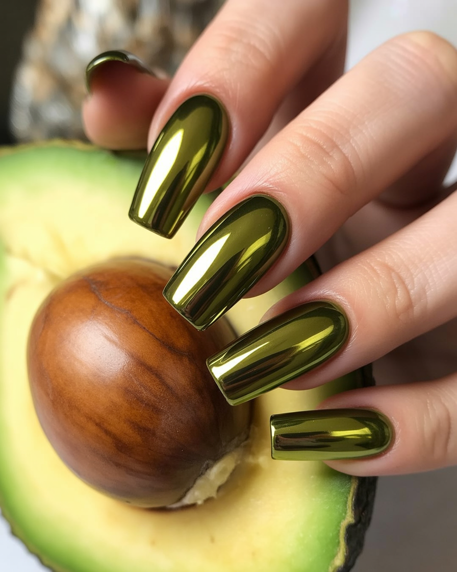 Olive green chrome nails with a mirror-like metallic finish.
