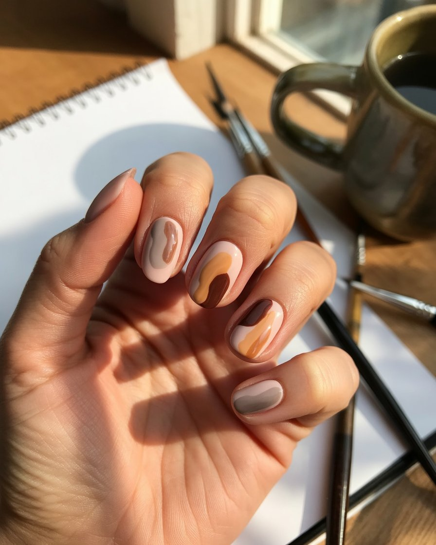 Abstract nail art featuring layered brown brush strokes.