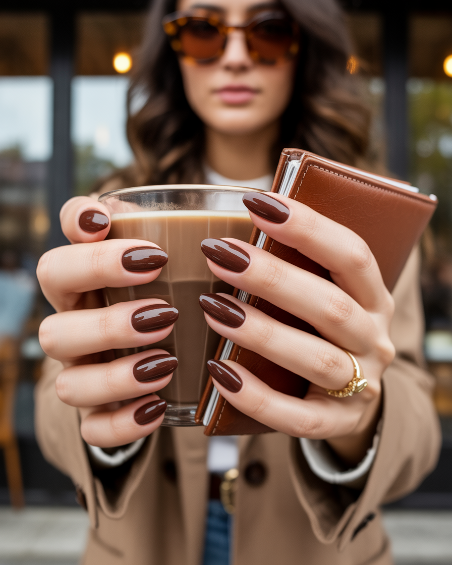 Glossy chocolate brown nails on almond-shaped hands.