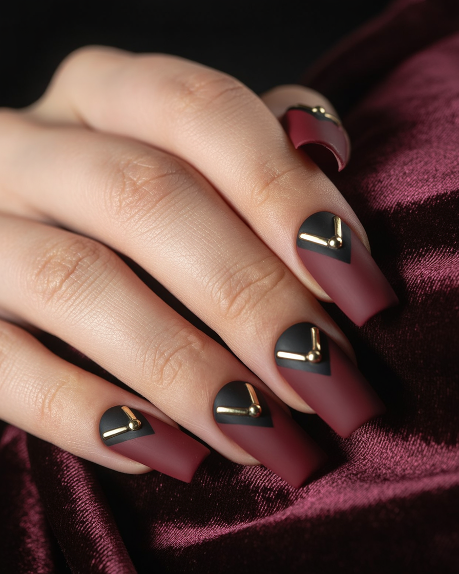  Geometric nail art with burgundy chevrons and centered gold studs.