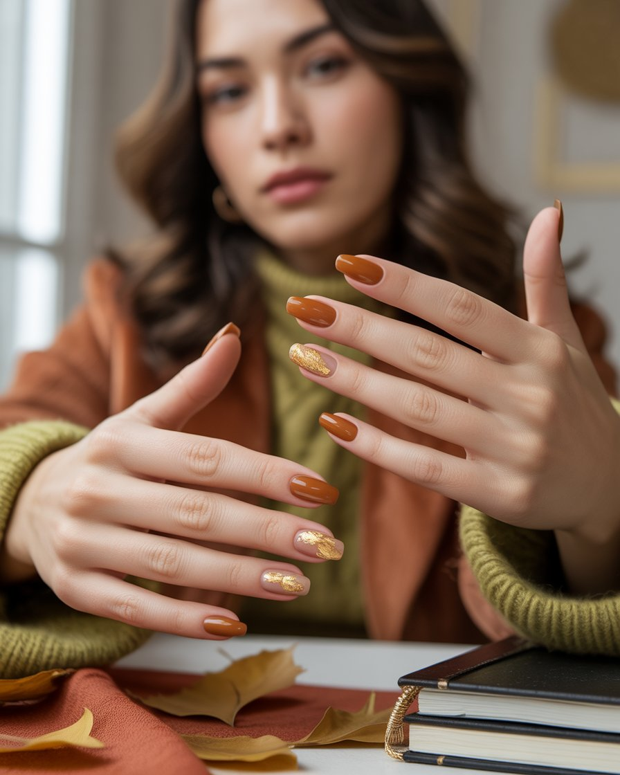  Brown nails with gold leaf accents on ring fingers.