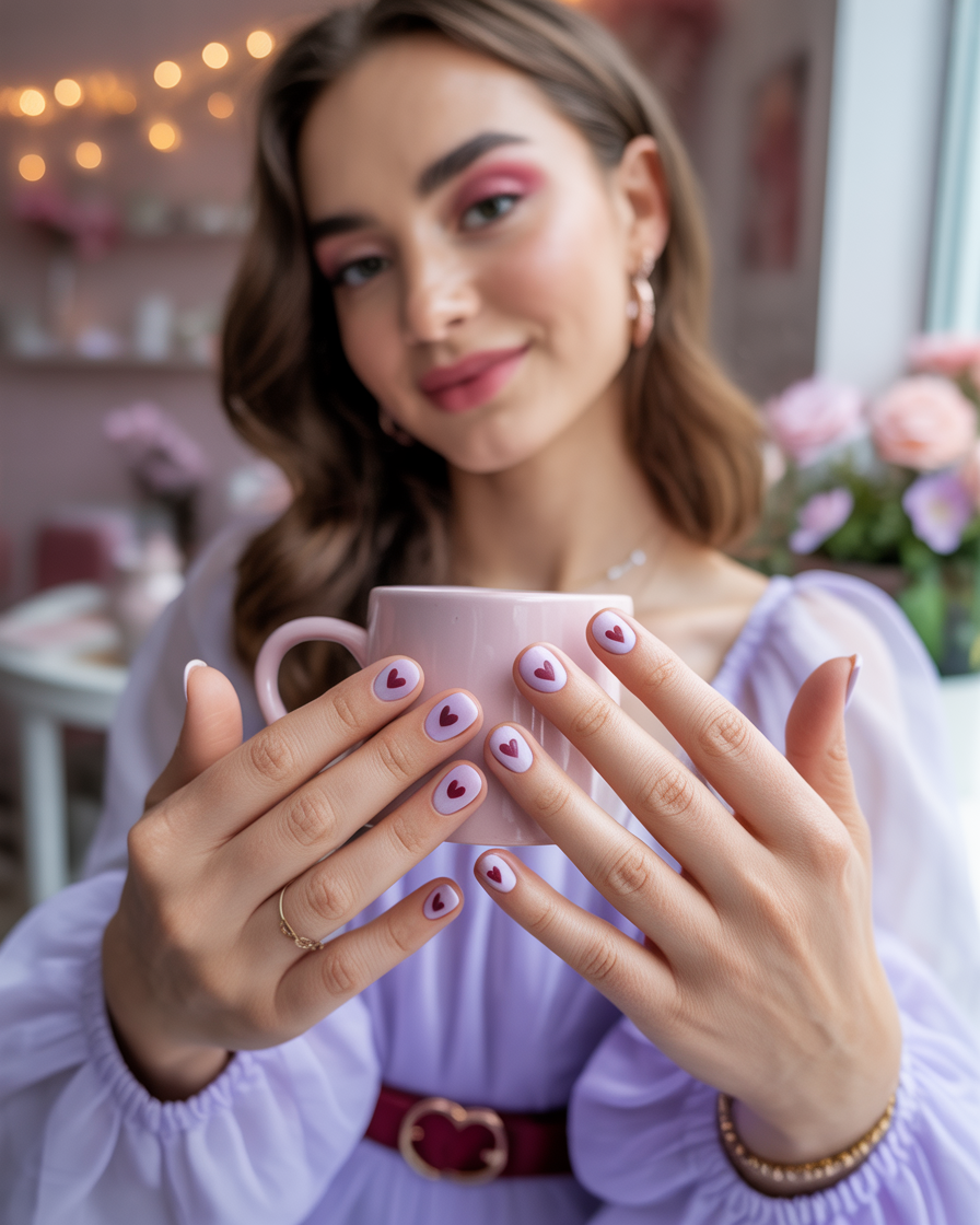 Lavender nails with tiny burgundy hearts on each tip.