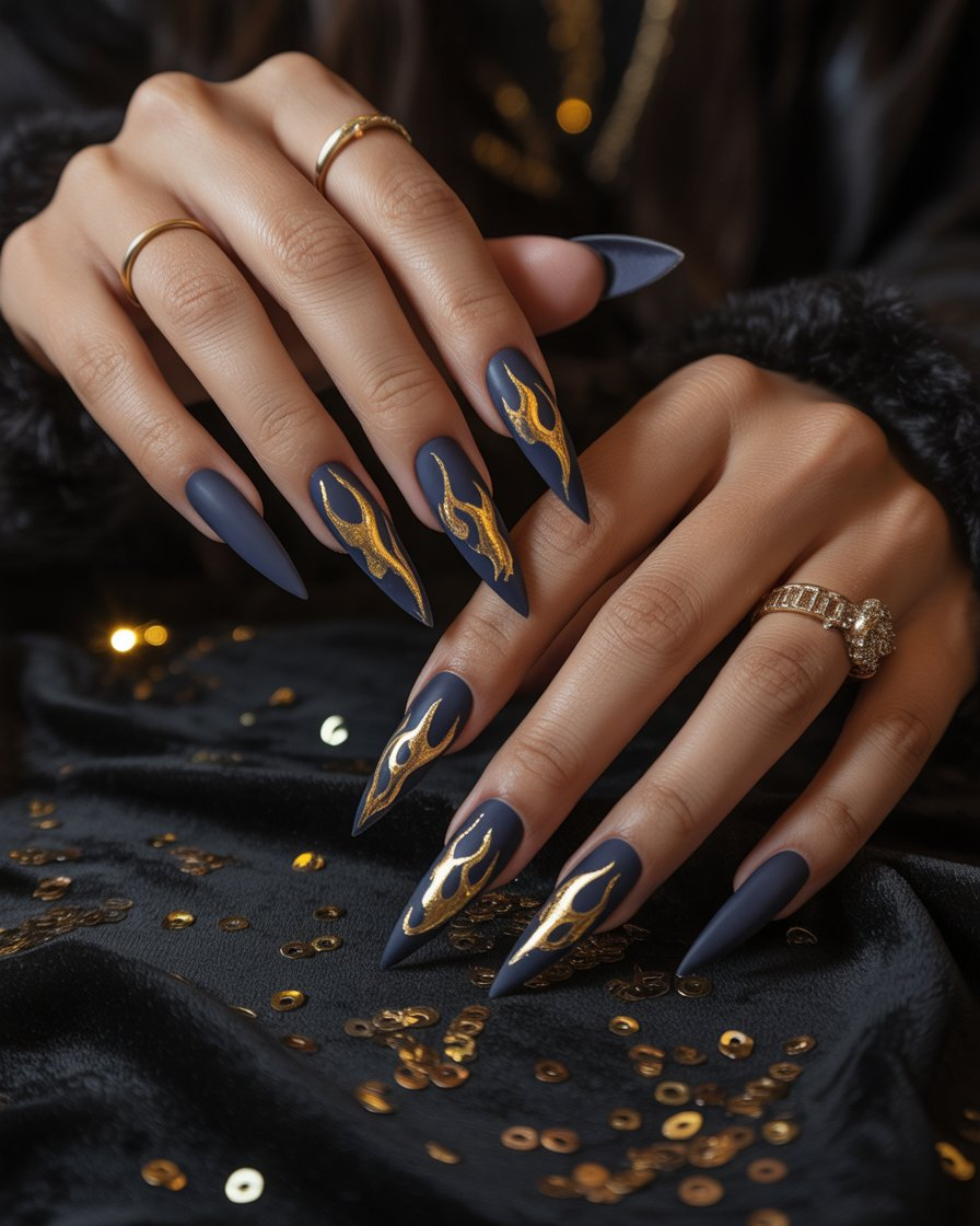 Sharp navy nails with gold foil flame design on tips