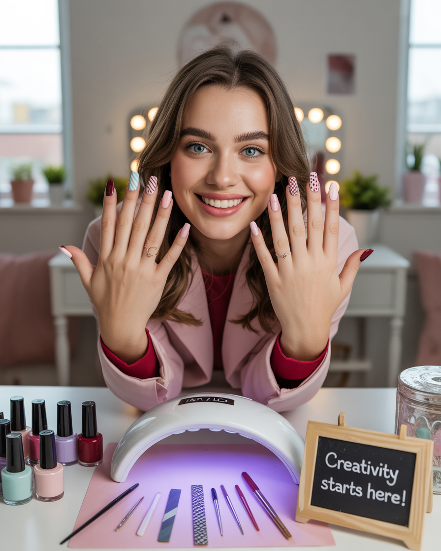 Burgundy and pastel nail designs are the epitome of balanced beauty