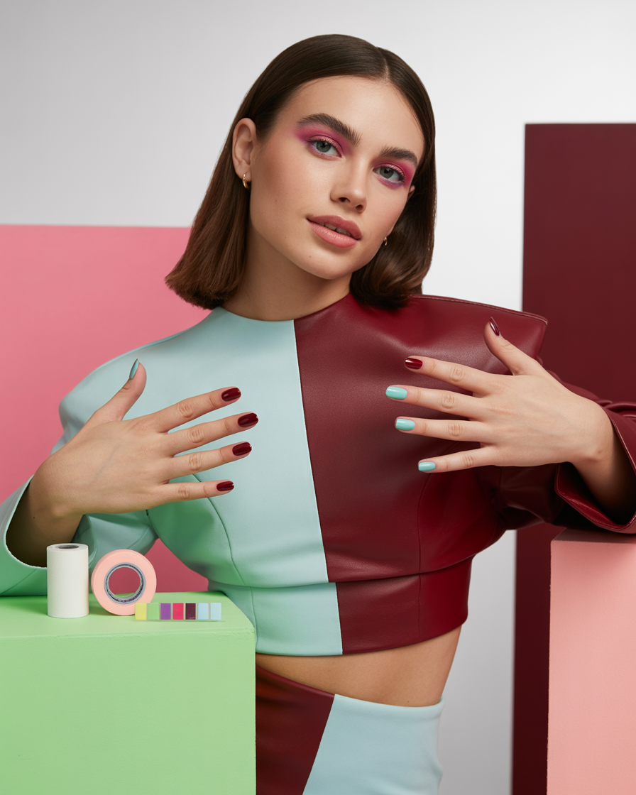 Straight split nails in burgundy and mint pastel with glossy finish.