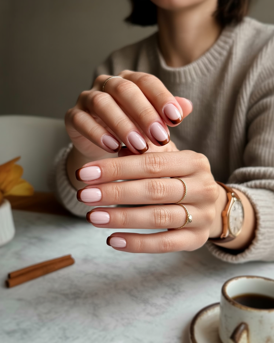  Nude nails with dark brown French tips.