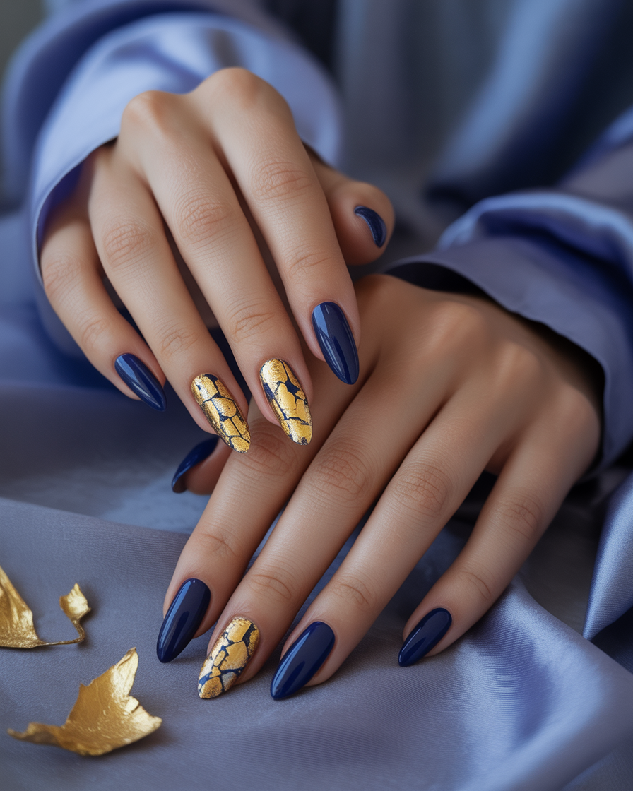 Classic navy nails with gold foil mosaic on ring fingers