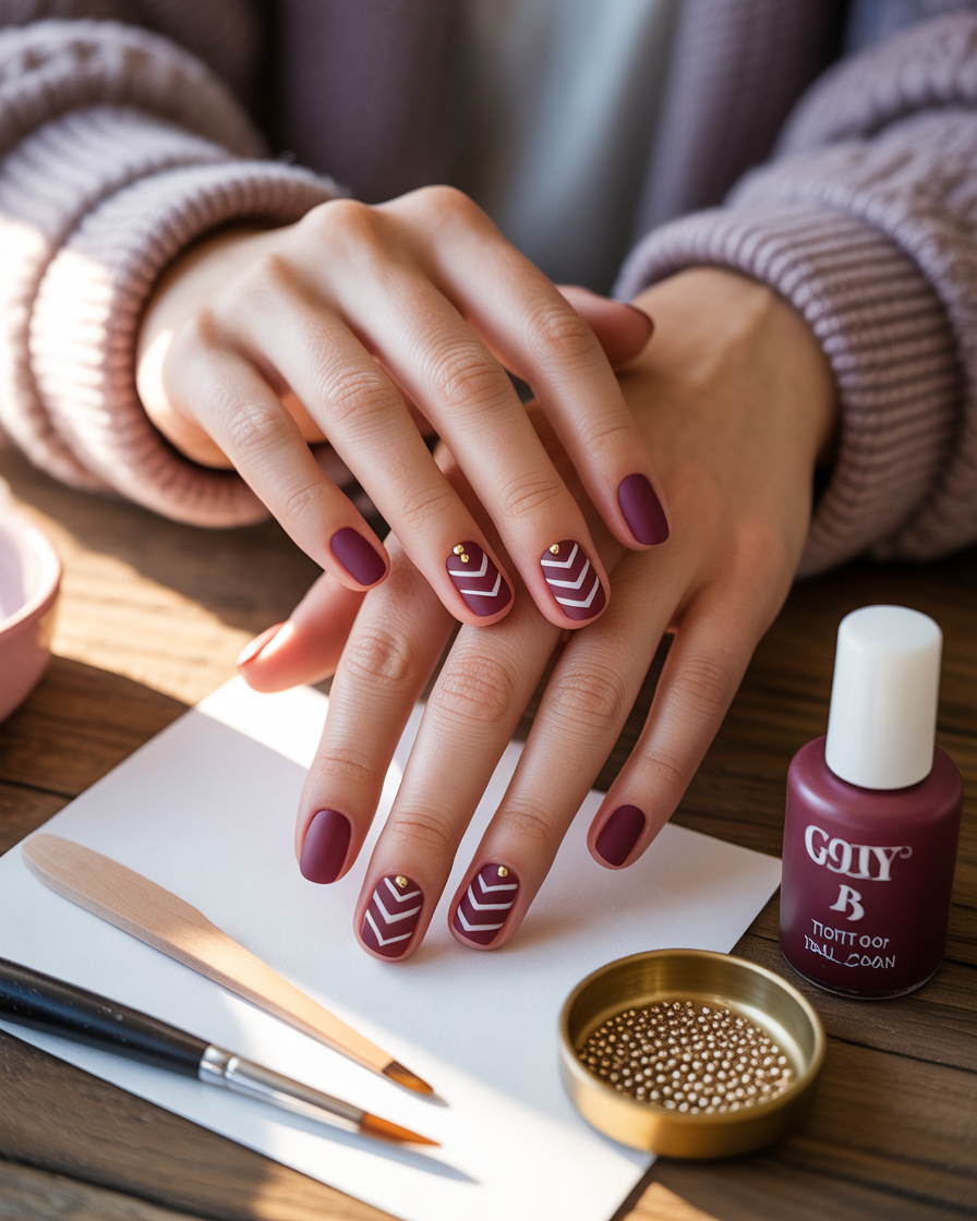 15 Chevron With Matte Burgundy and Gold Studs Nail Designs That Exude Elegance