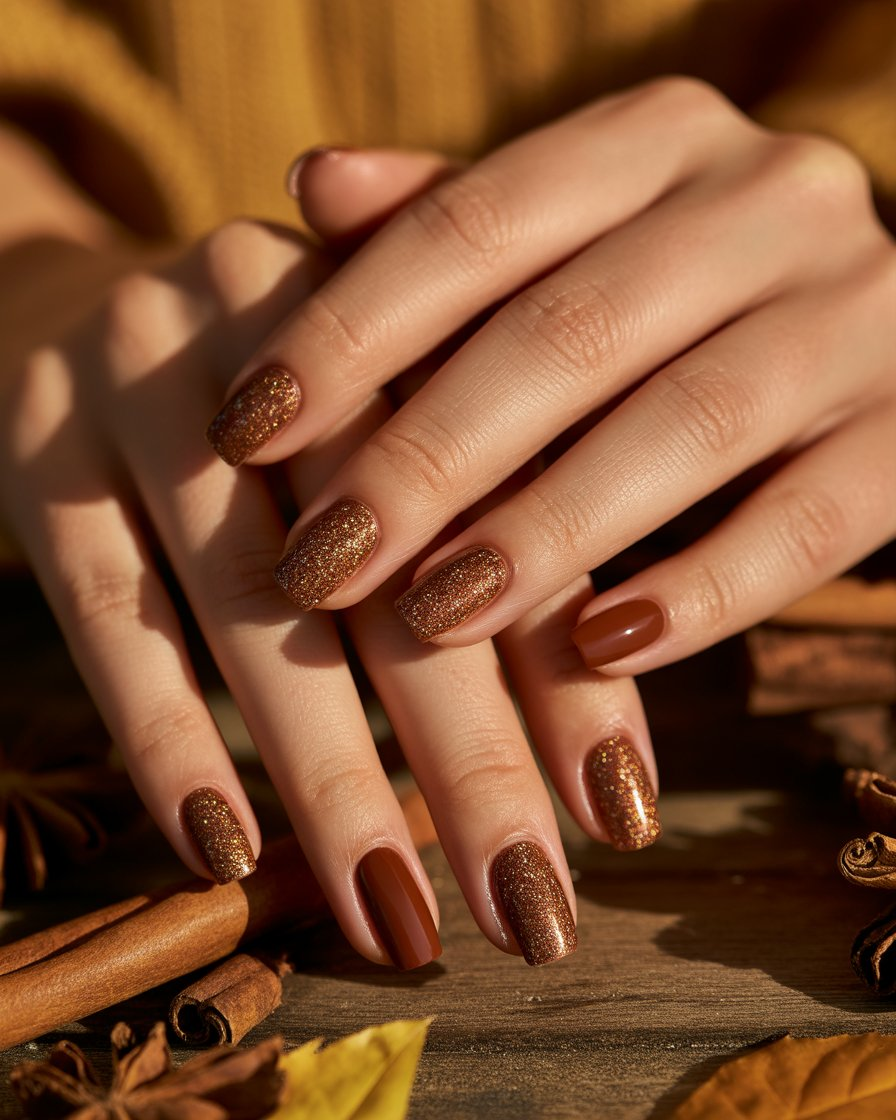  Glittery brown nails with a cozy knit background.