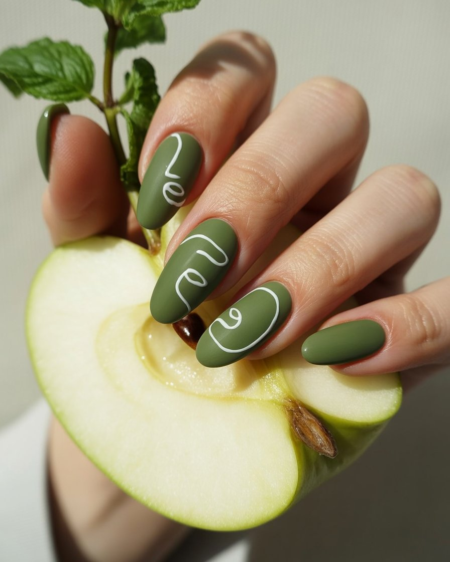 Olive green nails with thin, abstract white line art across the surface.