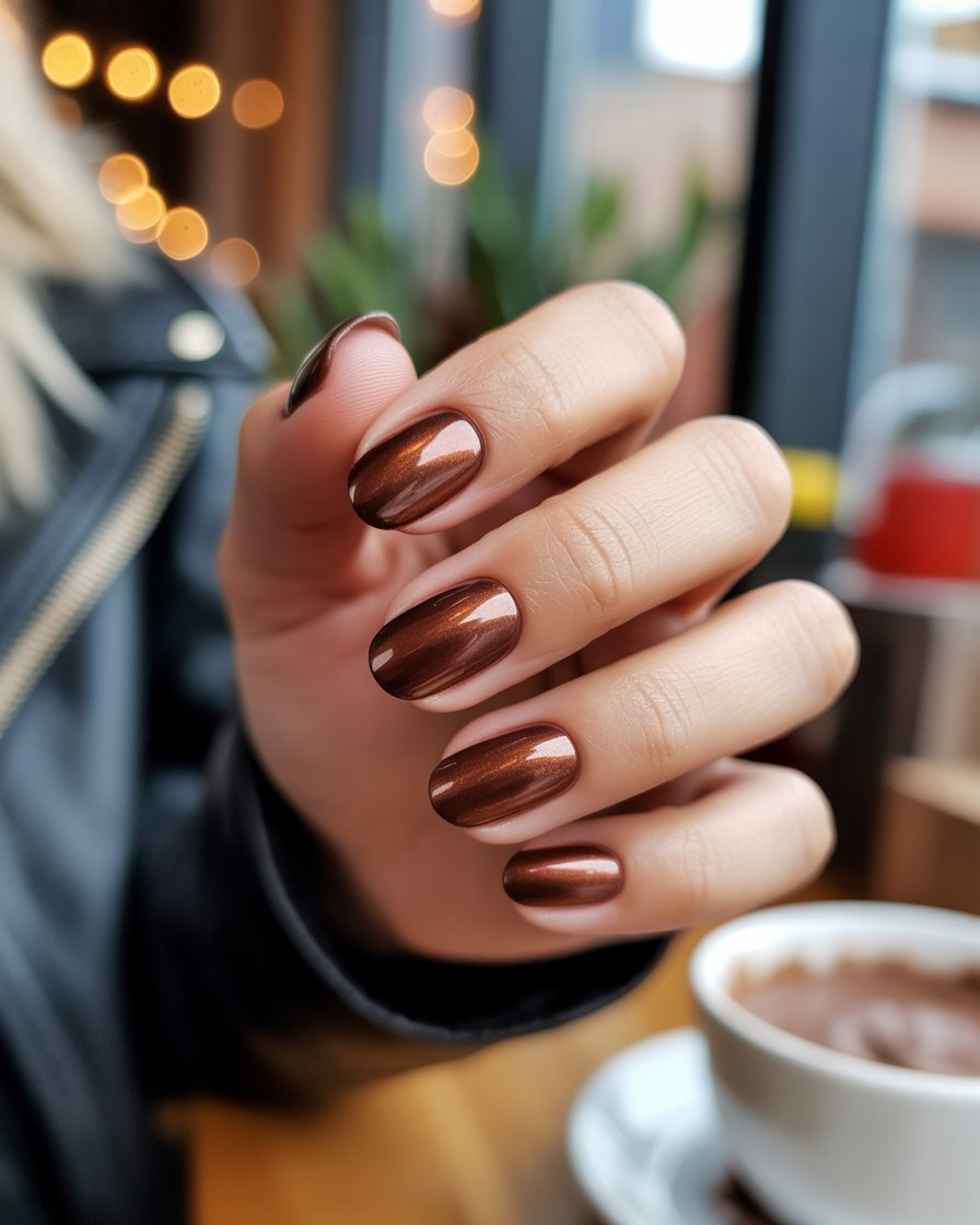 Chrome-finish nails in deep chocolate brown.