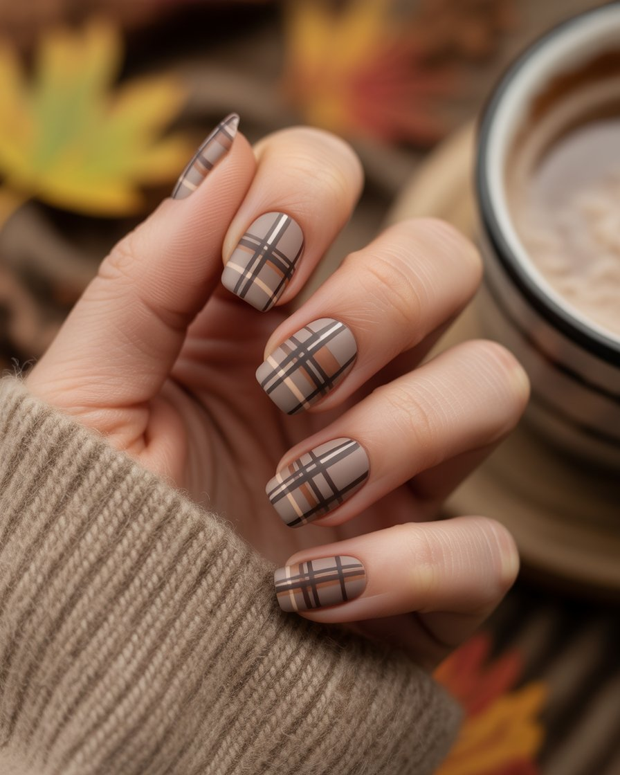 Brown plaid nails inspired by fall fashion.