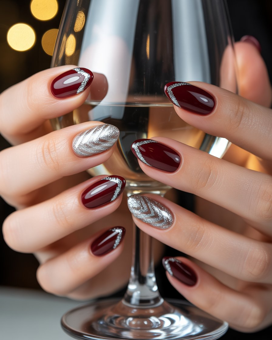 , burgundy nails with silver glitter chevron accents