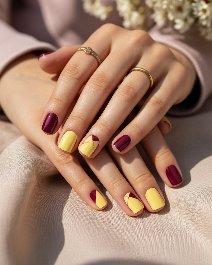 Nails divided into pastel yellow and burgundy geometric patterns.