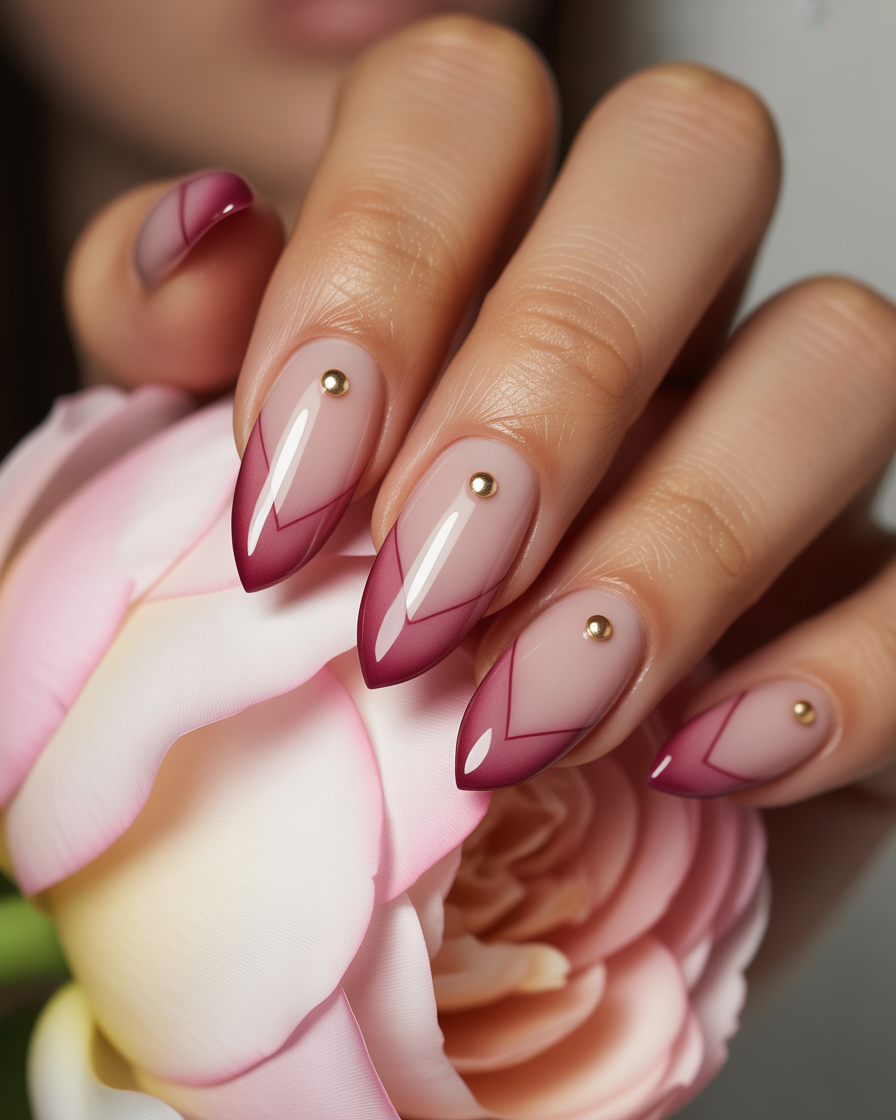 Ombre chevron nails fading to matte burgundy with gold cuticle studs.